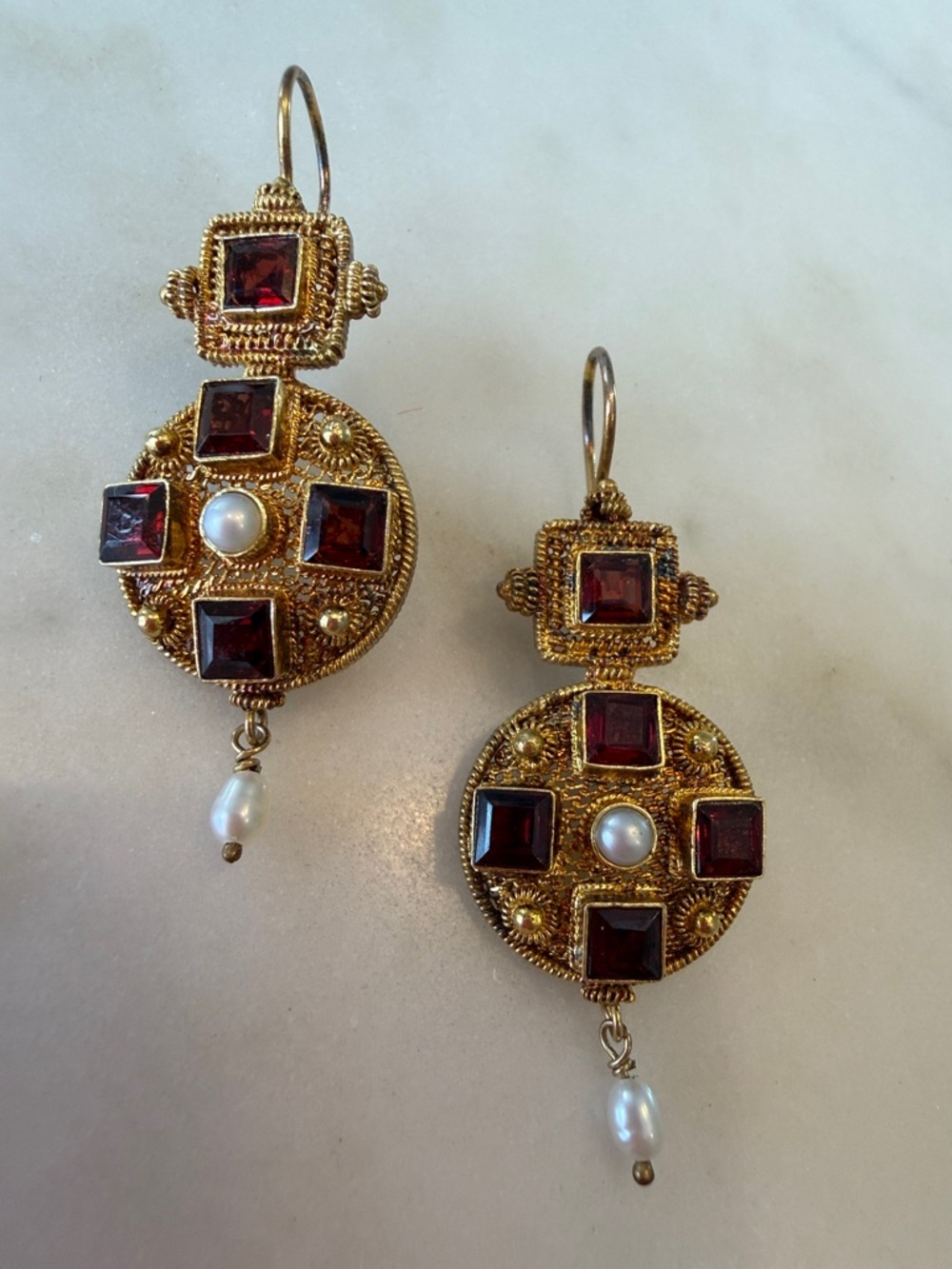 SHASHI Gold plated garnet & freshwater Pearl Drop Earrings